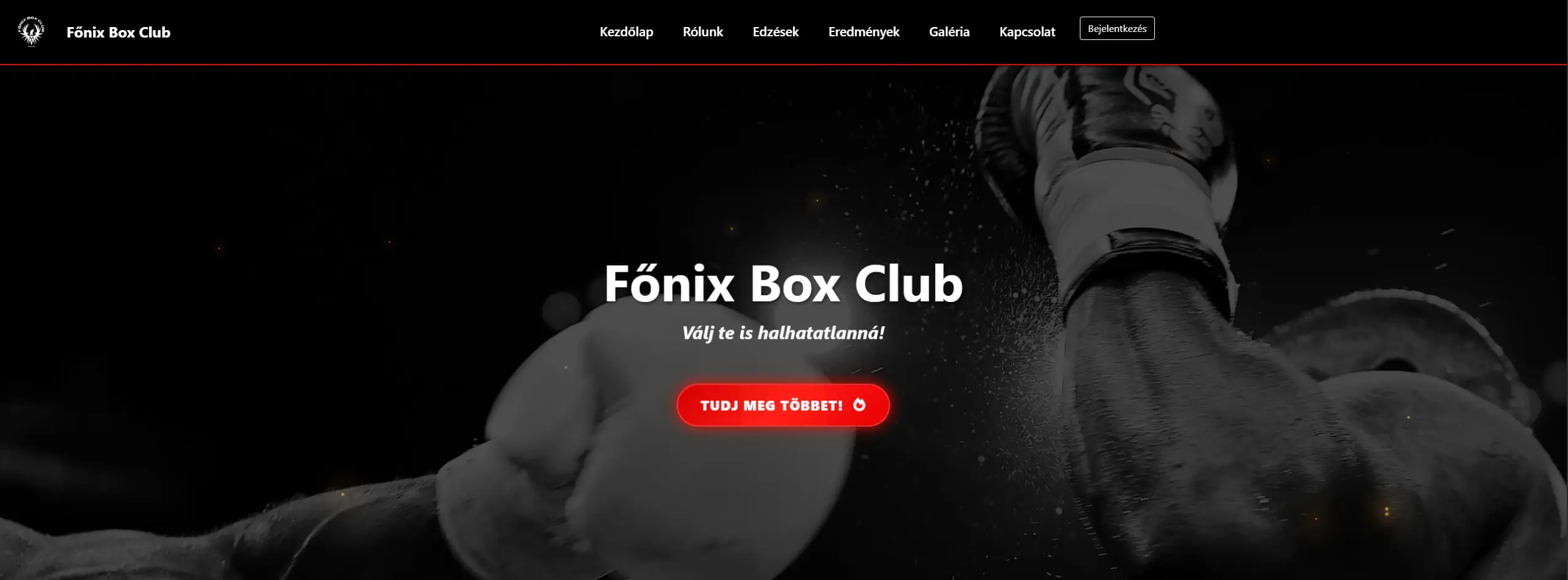 A Főnix Box Club általunk készített weboldalának kezdőlapja